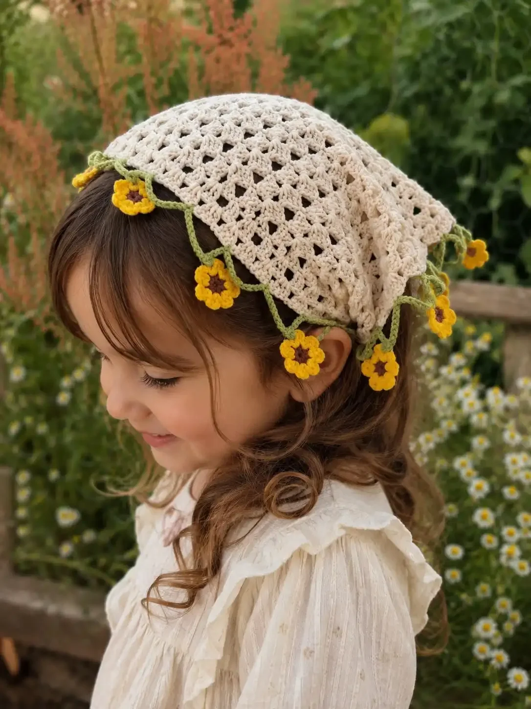 El Emeği Çocuk Taçlı Bandana - Çiçek Motifli Örgü Saç Aksesuarı