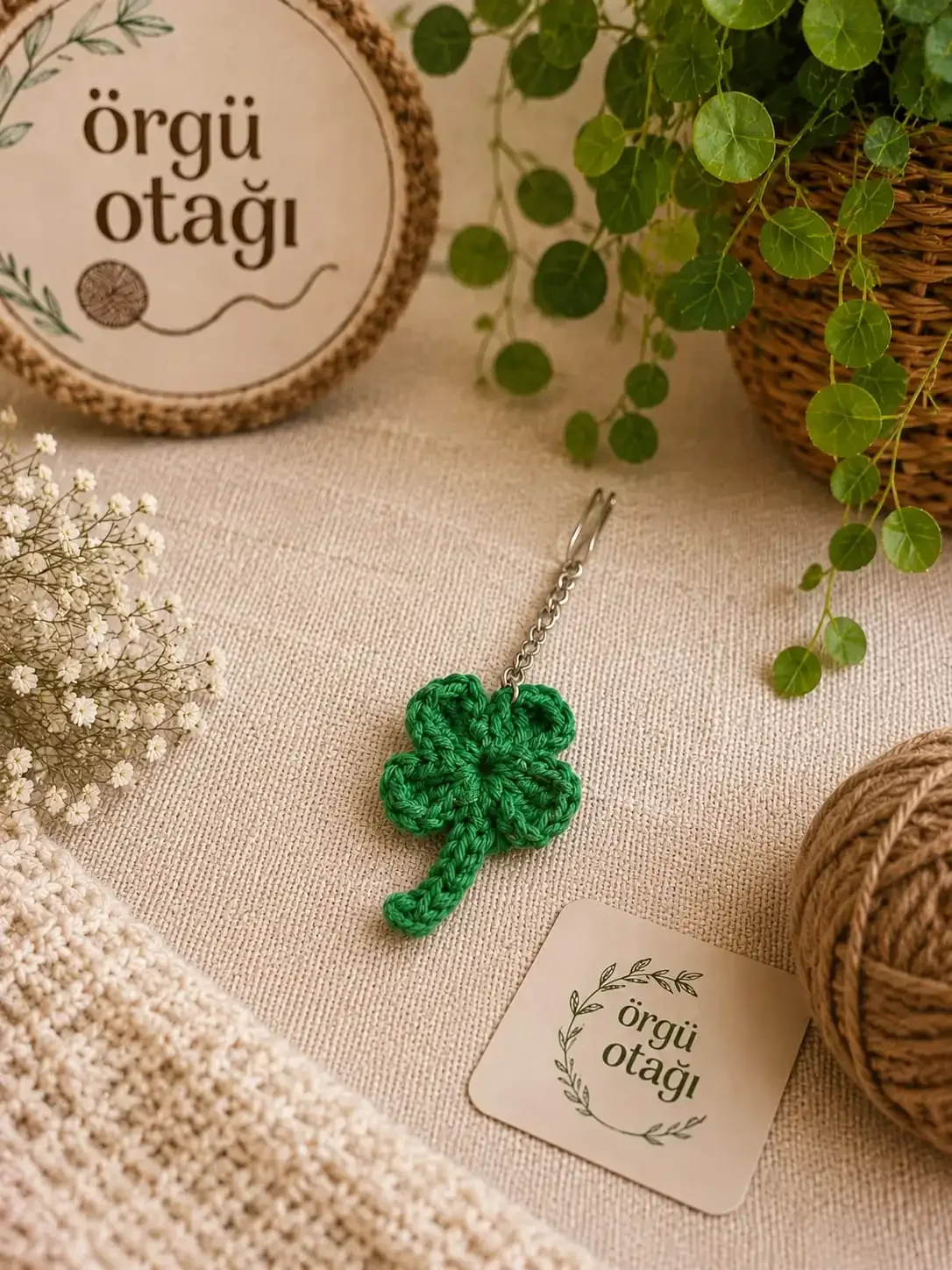 Örgü Otağı El Emeği Yonca Anahtarlık - Amigurumi Çanta Süsü ve Hediyelik Aksesuar