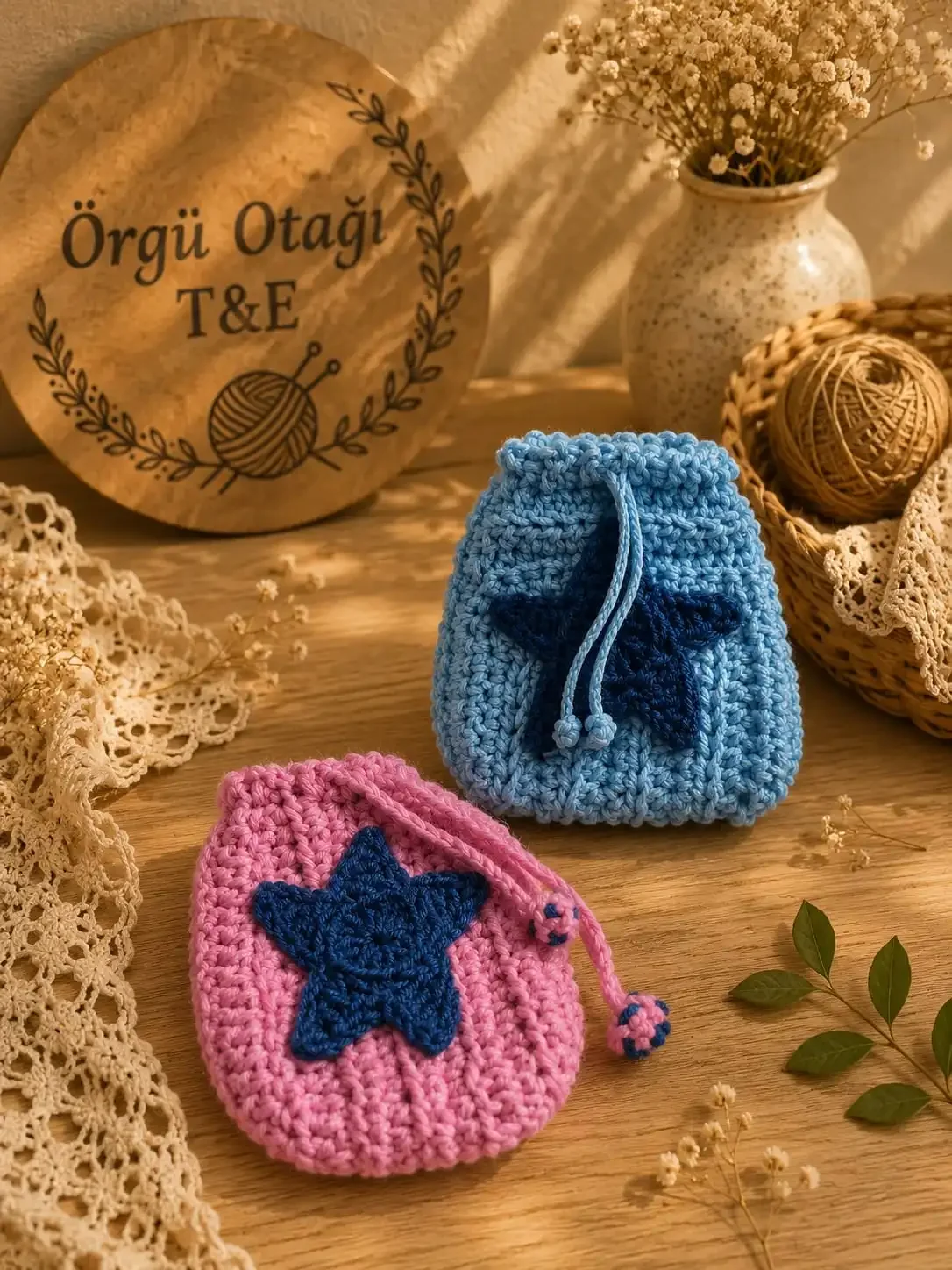 Örgü Otağı El Emeği Örgü Kese Cüzdan - Yıldız Detaylı Büzgülü Mini Çanta